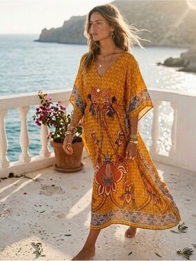 Boho Batik Print Kaftan Maxi Dress Mustard Orange Resort Wear One Size